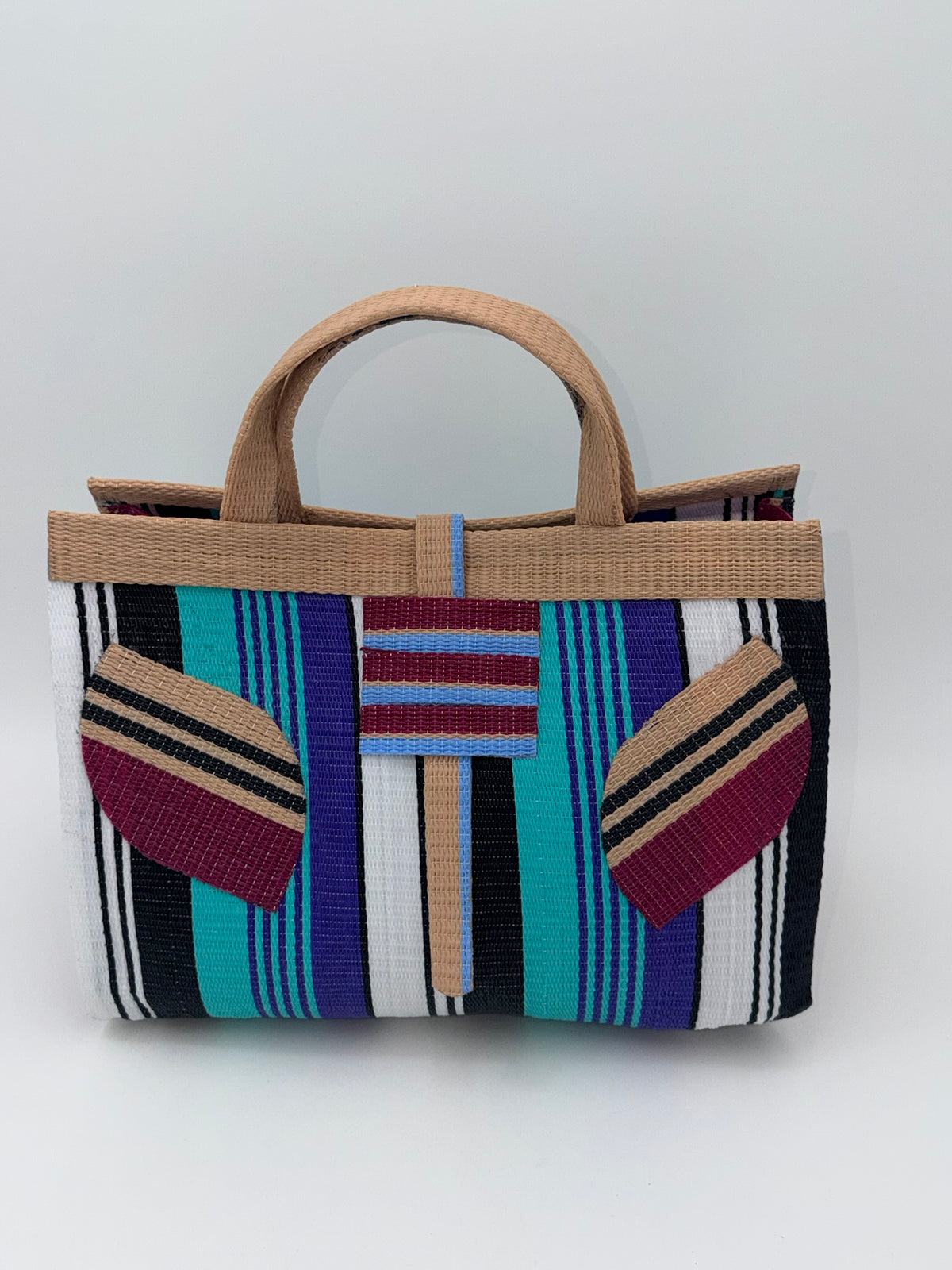 Lavender Large handwoven tote bag by SCRUBIES in Beige,Wine,Teal,Black,White with Stripes design and Leaf accent pattern