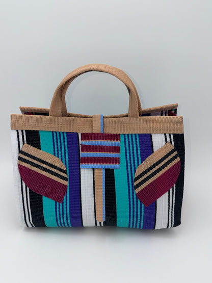 Lavender Large handwoven tote bag by SCRUBIES in Beige,Wine,Teal,Black,White with Stripes design and Leaf accent pattern