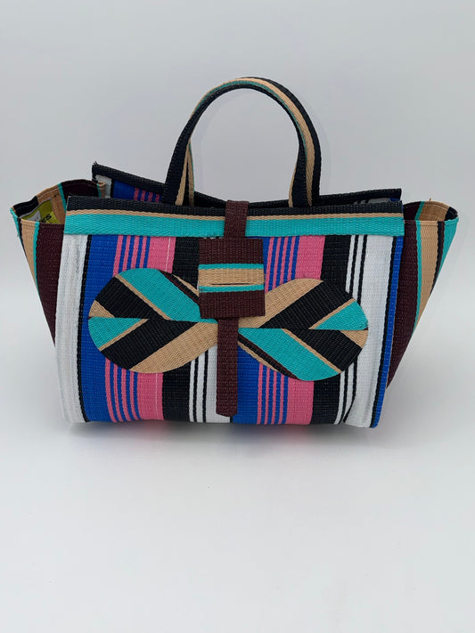 Candy Large handwoven tote bag by SCRUBIES in Teal,Black,Beige,Pink,Blue,White with Stripes design and Bow accent pattern
