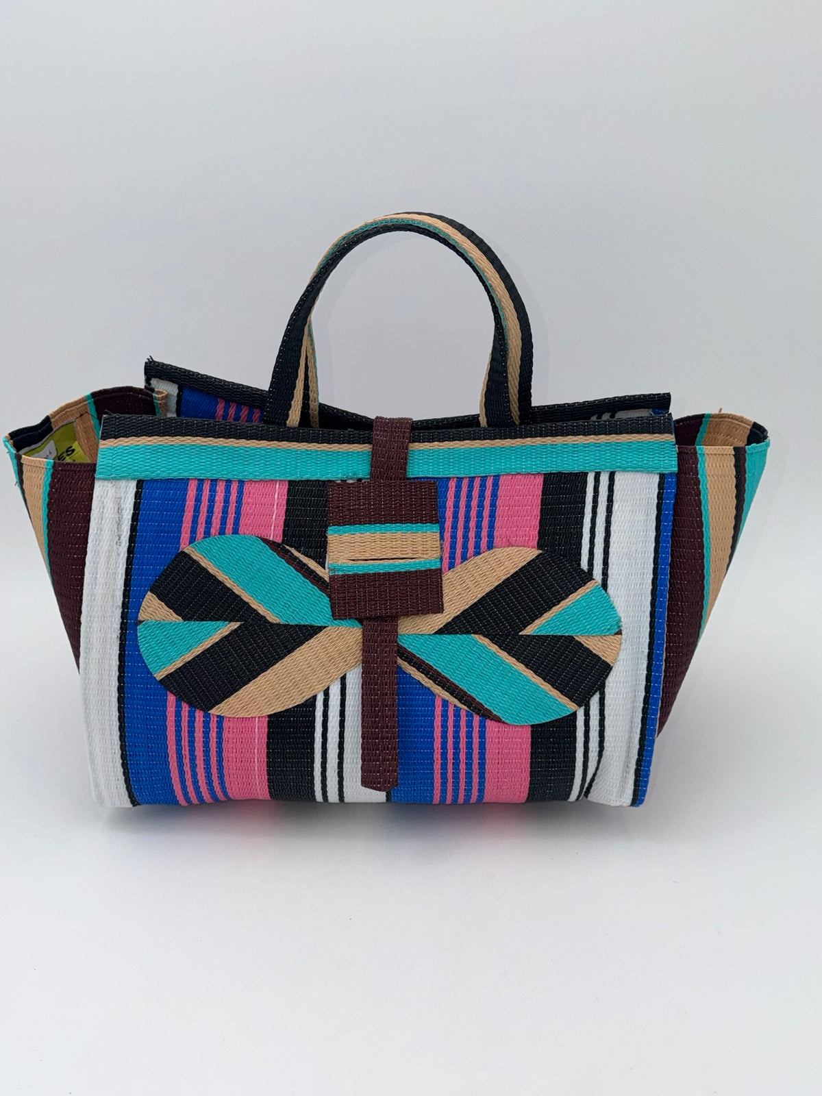 Candy Large handwoven tote bag by SCRUBIES in Teal,Black,Beige,Pink,Blue,White with Stripes design and Bow accent pattern