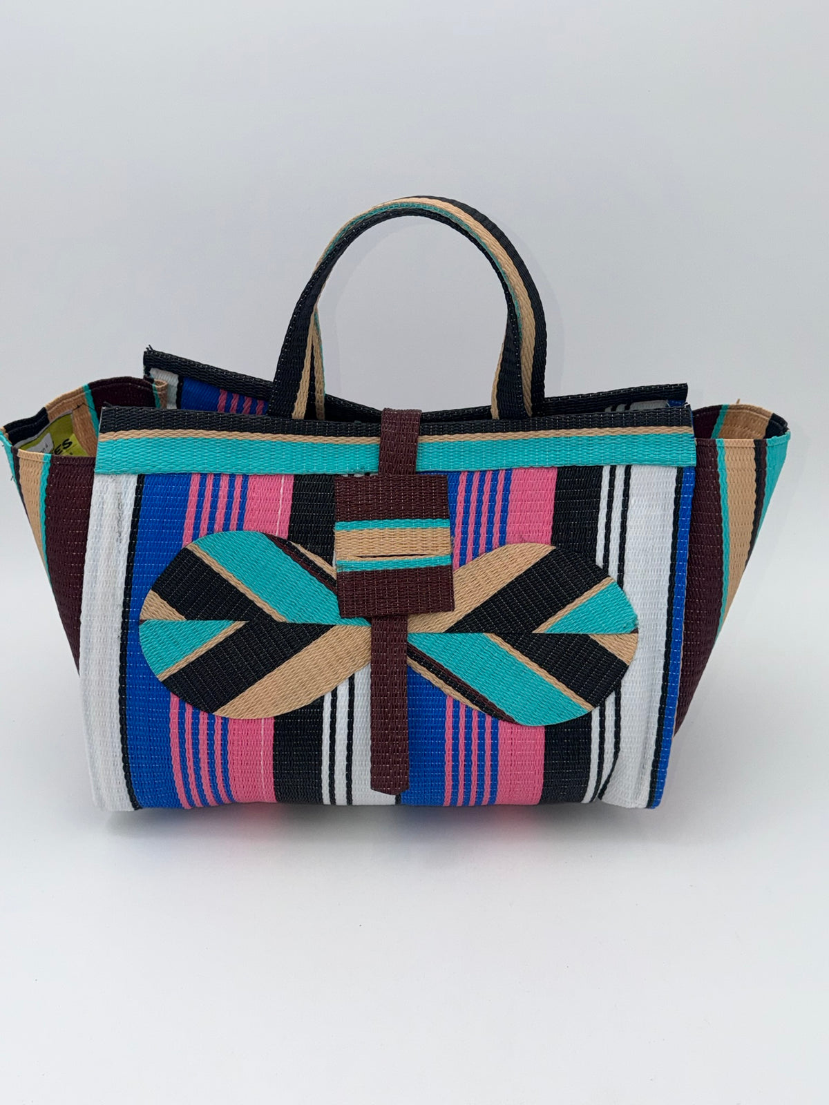 Candy Large handwoven tote bag by SCRUBIES in Teal,Black,Beige,Pink,Blue,White with Stripes design and Bow accent pattern