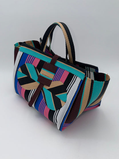 Candy Large handwoven tote bag by SCRUBIES in Teal,Black,Beige,Pink,Blue,White with Stripes design and Bow accent pattern