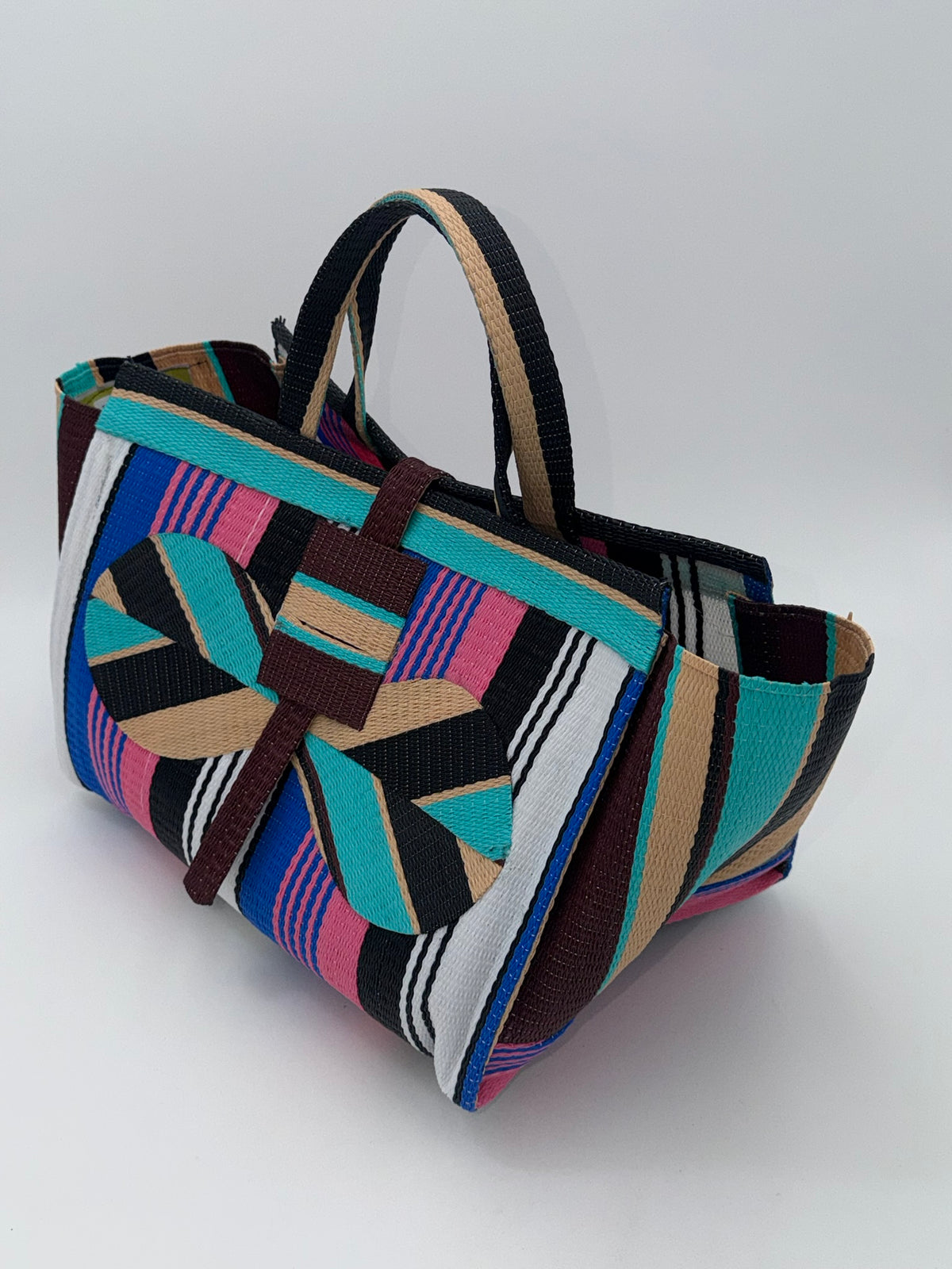 Candy Large handwoven tote bag by SCRUBIES in Teal,Black,Beige,Pink,Blue,White with Stripes design and Bow accent pattern