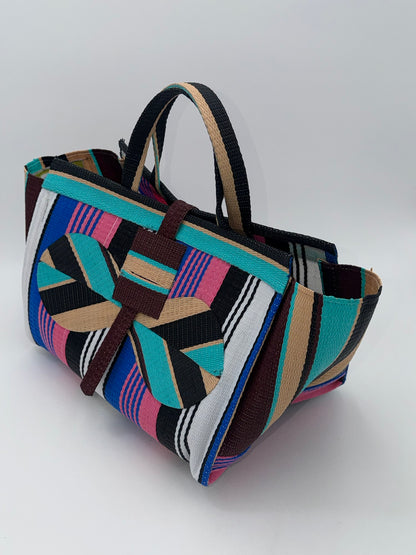 Candy Large handwoven tote bag by SCRUBIES in Teal,Black,Beige,Pink,Blue,White with Stripes design and Bow accent pattern