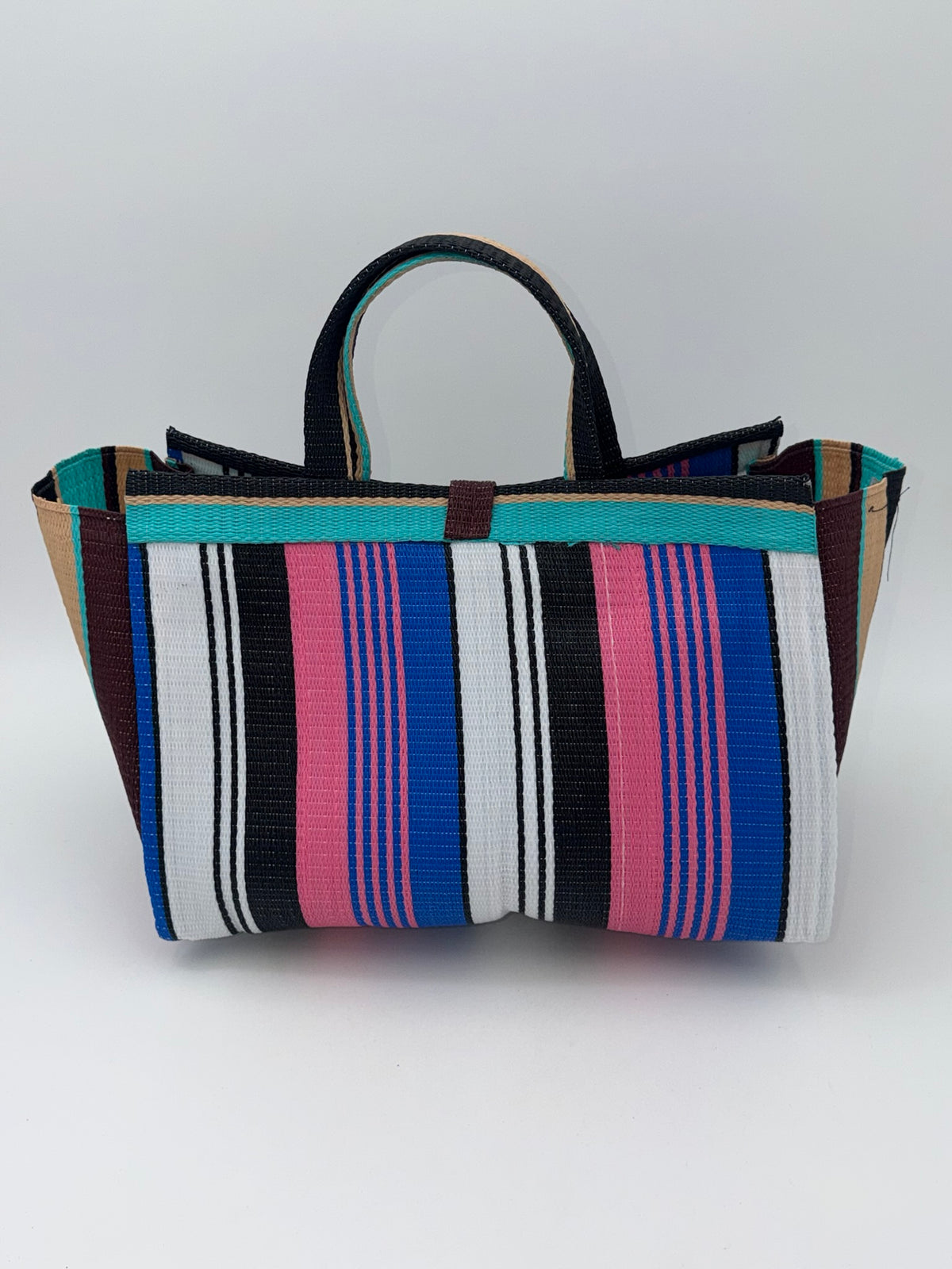 Candy Large handwoven tote bag by SCRUBIES in Teal,Black,Beige,Pink,Blue,White with Stripes design and Bow accent pattern