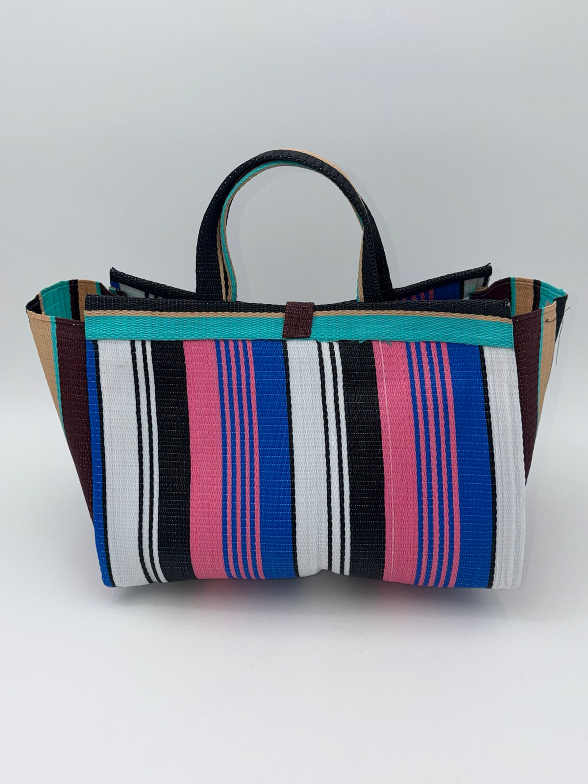 Candy Large handwoven tote bag by SCRUBIES in Teal,Black,Beige,Pink,Blue,White with Stripes design and Bow accent pattern