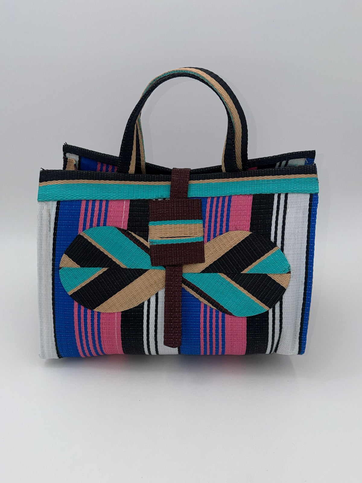 Candy Large handwoven tote bag by SCRUBIES in Teal,Black,Beige,Pink,Blue,White with Stripes design and Bow accent pattern