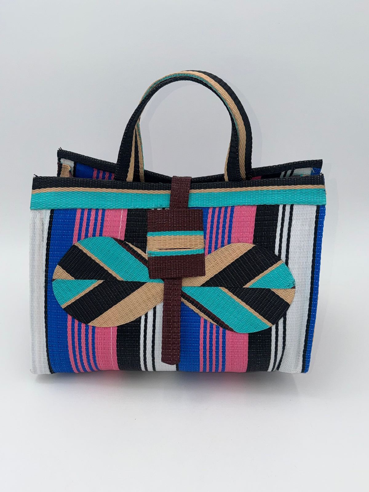 Candy Large handwoven tote bag by SCRUBIES in Teal,Black,Beige,Pink,Blue,White with Stripes design and Bow accent pattern