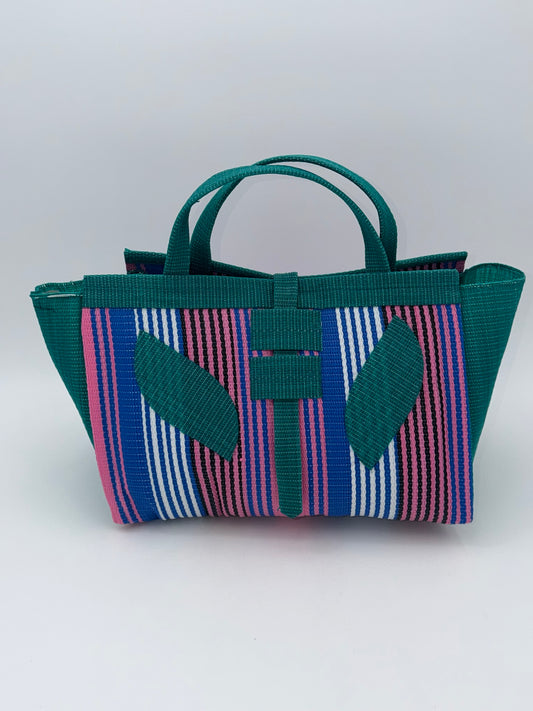 Candy Large handwoven tote bag by SCRUBIES in Green,Pink,Wine with Stripes design and Leaf accent pattern