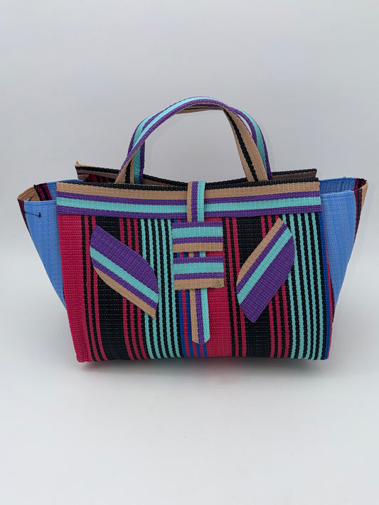 Candy Large handwoven tote bag by SCRUBIES in Pink,Black,Purple,Teal,Beige with Stripes design and Leaf accent pattern