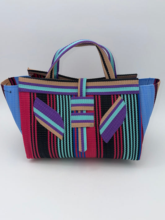 Candy Large handwoven tote bag by SCRUBIES in Pink,Black,Purple,Teal,Beige with Stripes design and Leaf accent pattern
