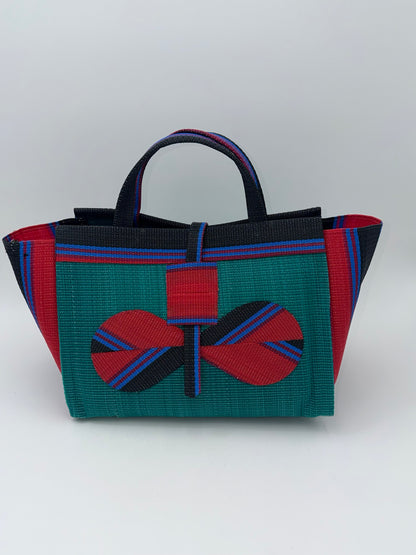 Emerald Large handwoven tote bag by SCRUBIES in Green,Red,Black,Blue with Solid design and Bow accent pattern