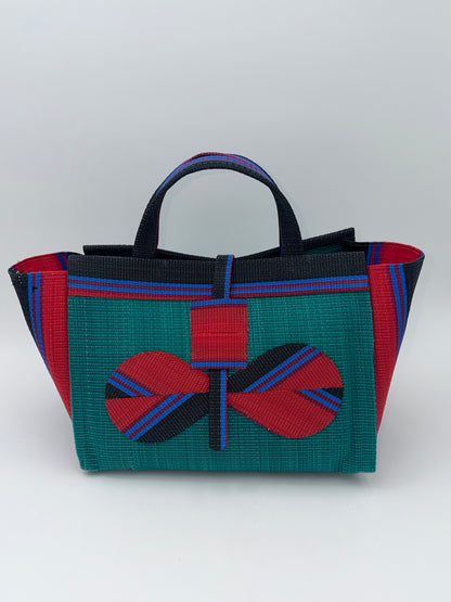 Emerald Large handwoven tote bag by SCRUBIES in Green,Red,Black,Blue with Solid design and Bow accent pattern