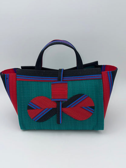 Emerald Large handwoven tote bag by SCRUBIES in Green,Red,Black,Blue with Solid design and Bow accent pattern