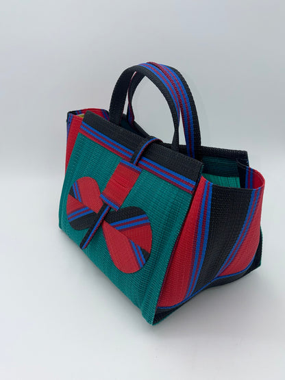 Emerald Large handwoven tote bag by SCRUBIES in Green,Red,Black,Blue with Solid design and Bow accent pattern