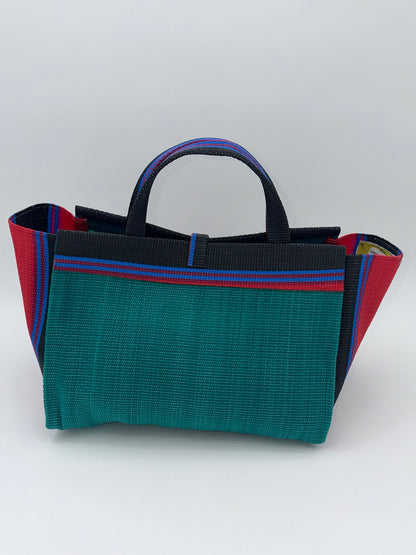 Emerald Large handwoven tote bag by SCRUBIES in Green,Red,Black,Blue with Solid design and Bow accent pattern