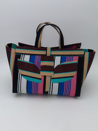 Candy Large handwoven tote bag by SCRUBIES in Pink,Blue,White,Wine,Beige,Brown with Stripes design and Leaf accent pattern