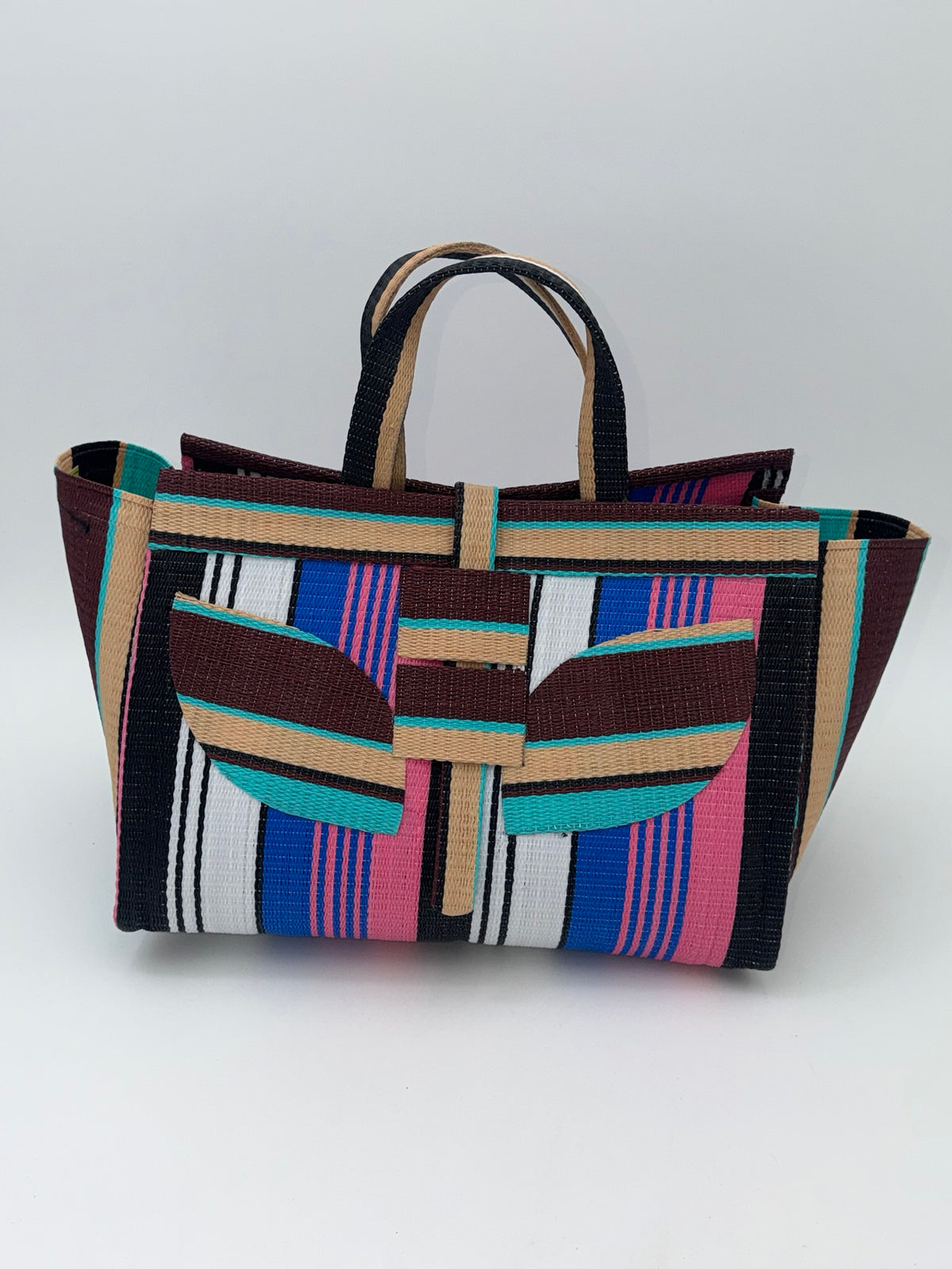 Candy Large handwoven tote bag by SCRUBIES in Pink,Blue,White,Wine,Beige,Brown with Stripes design and Leaf accent pattern