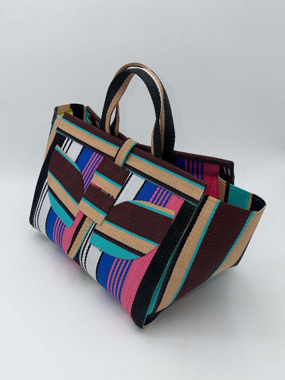 Candy Large handwoven tote bag by SCRUBIES in Pink,Blue,White,Wine,Beige,Brown with Stripes design and Leaf accent pattern