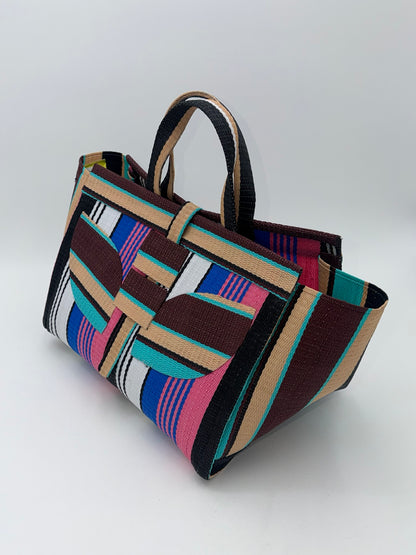 Candy Large handwoven tote bag by SCRUBIES in Pink,Blue,White,Wine,Beige,Brown with Stripes design and Leaf accent pattern