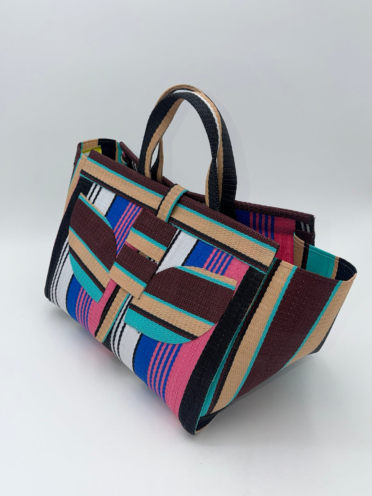 Candy Large handwoven tote bag by SCRUBIES in Pink,Blue,White,Wine,Beige,Brown with Stripes design and Leaf accent pattern