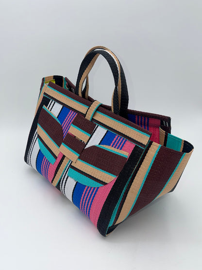 Candy Large handwoven tote bag by SCRUBIES in Pink,Blue,White,Wine,Beige,Brown with Stripes design and Leaf accent pattern