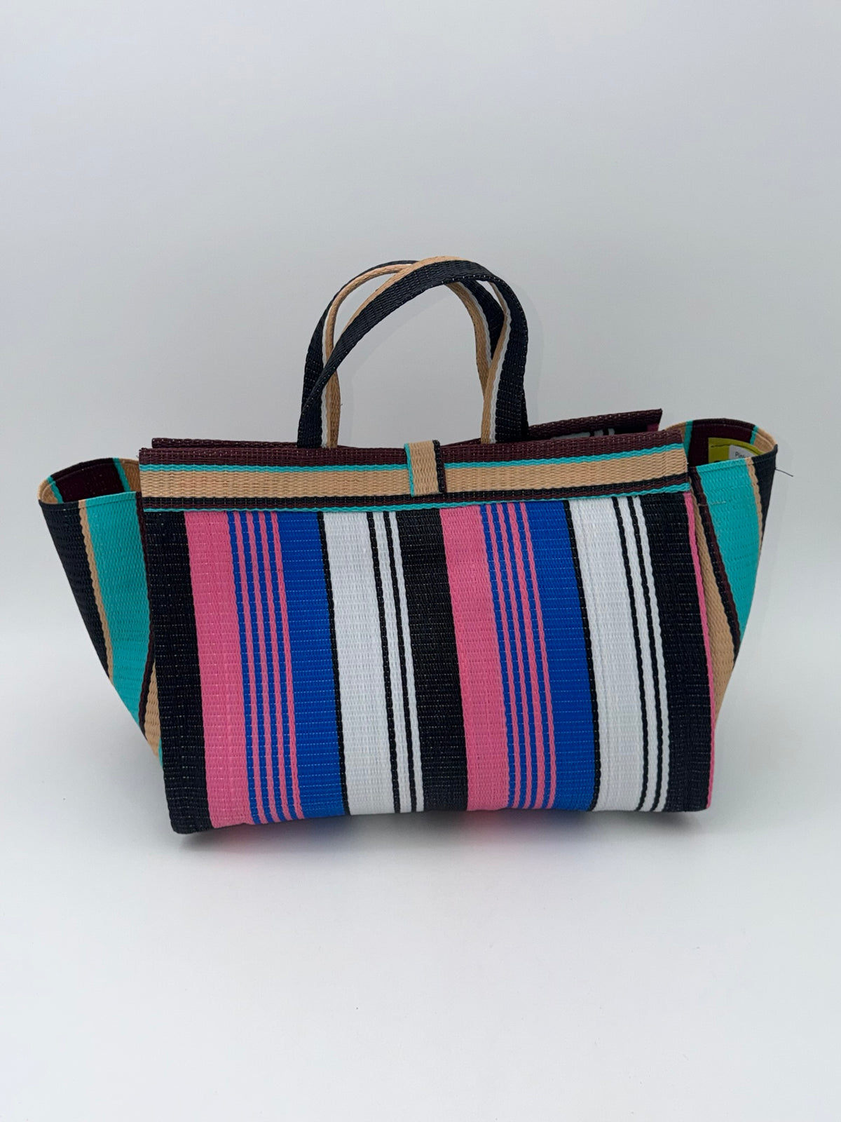 Candy Large handwoven tote bag by SCRUBIES in Pink,Blue,White,Wine,Beige,Brown with Stripes design and Leaf accent pattern