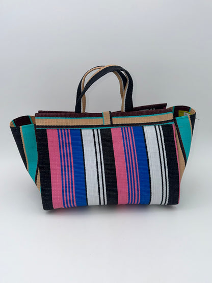 Candy Large handwoven tote bag by SCRUBIES in Pink,Blue,White,Wine,Beige,Brown with Stripes design and Leaf accent pattern
