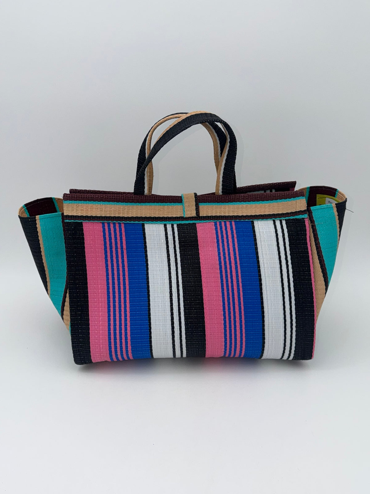 Candy Large handwoven tote bag by SCRUBIES in Pink,Blue,White,Wine,Beige,Brown with Stripes design and Leaf accent pattern