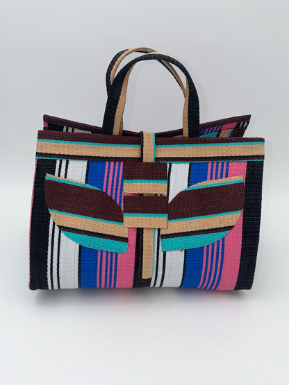 Candy Large handwoven tote bag by SCRUBIES in Pink,Blue,White,Wine,Beige,Brown with Stripes design and Leaf accent pattern