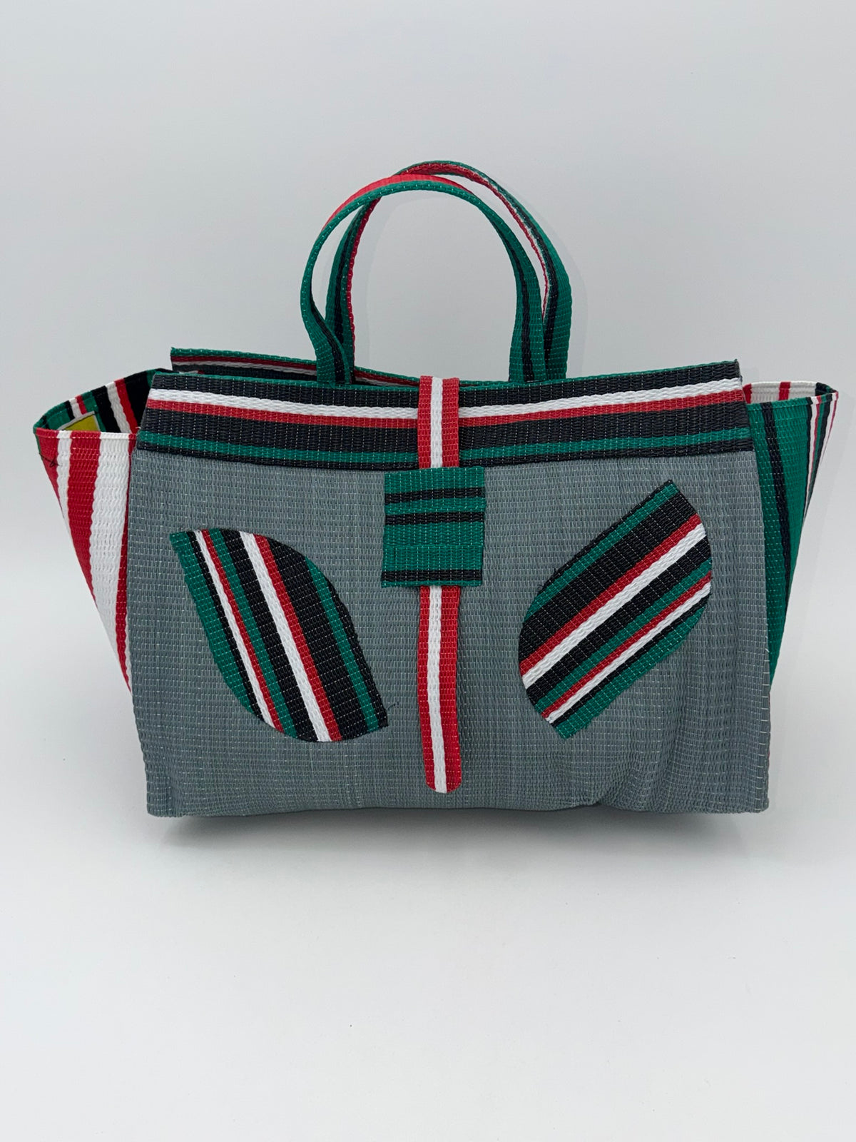 Metallic Large handwoven tote bag by SCRUBIES in Gray,Black,White,Red, with Solid design and Leaf accent pattern