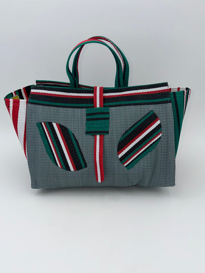 Metallic Large handwoven tote bag by SCRUBIES in Gray,Black,White,Red, with Solid design and Leaf accent pattern