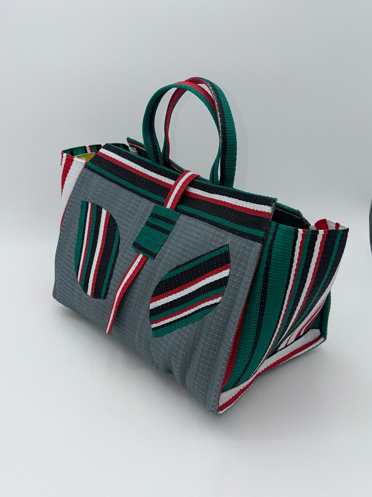 Metallic Large handwoven tote bag by SCRUBIES in Gray,Black,White,Red, with Solid design and Leaf accent pattern