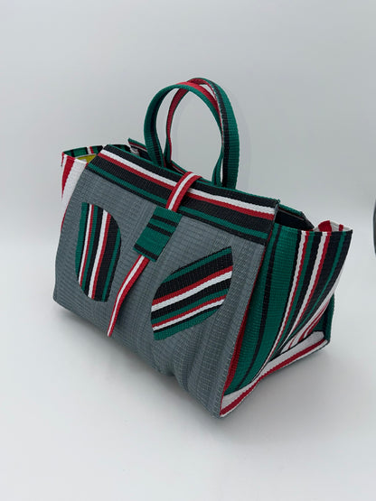 Metallic Large handwoven tote bag by SCRUBIES in Gray,Black,White,Red, with Solid design and Leaf accent pattern