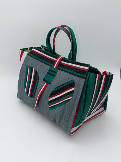 Metallic Large handwoven tote bag by SCRUBIES in Gray,Black,White,Red, with Solid design and Leaf accent pattern