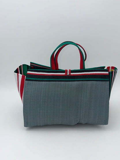 Metallic Large handwoven tote bag by SCRUBIES in Gray,Black,White,Red, with Solid design and Leaf accent pattern