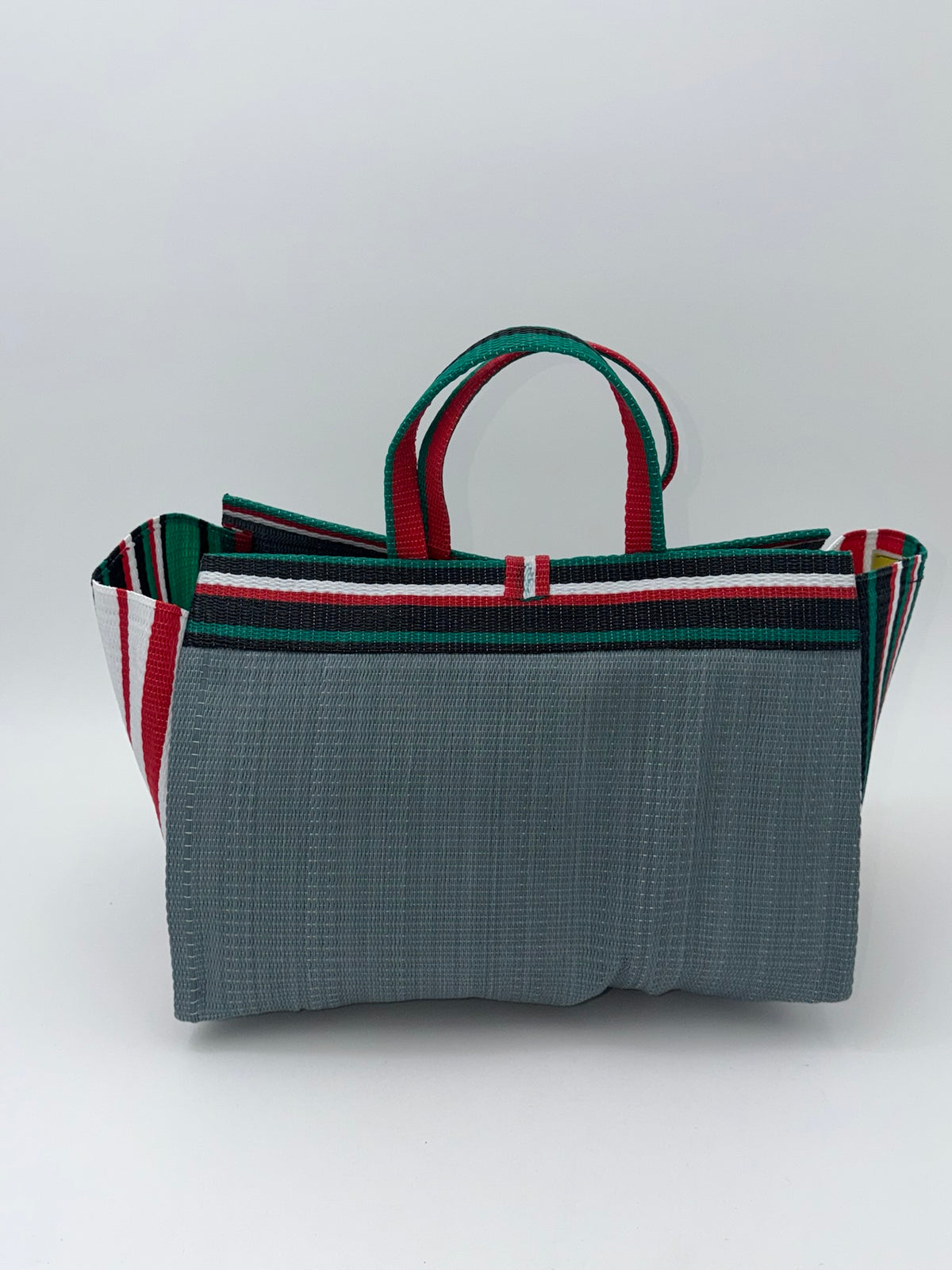 Metallic Large handwoven tote bag by SCRUBIES in Gray,Black,White,Red, with Solid design and Leaf accent pattern