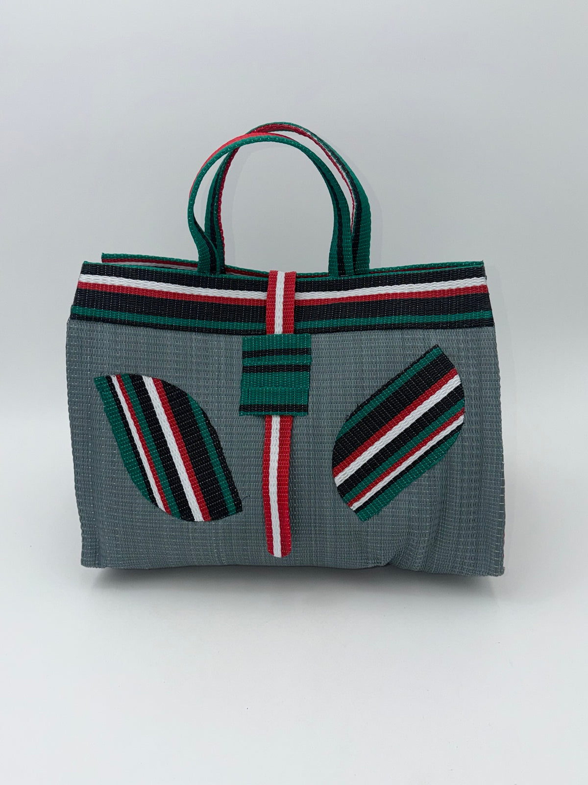 Metallic Large handwoven tote bag by SCRUBIES in Gray,Black,White,Red, with Solid design and Leaf accent pattern