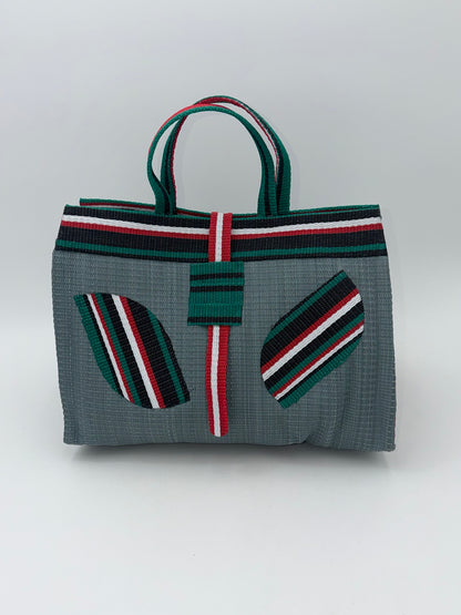 Metallic Large handwoven tote bag by SCRUBIES in Gray,Black,White,Red, with Solid design and Leaf accent pattern