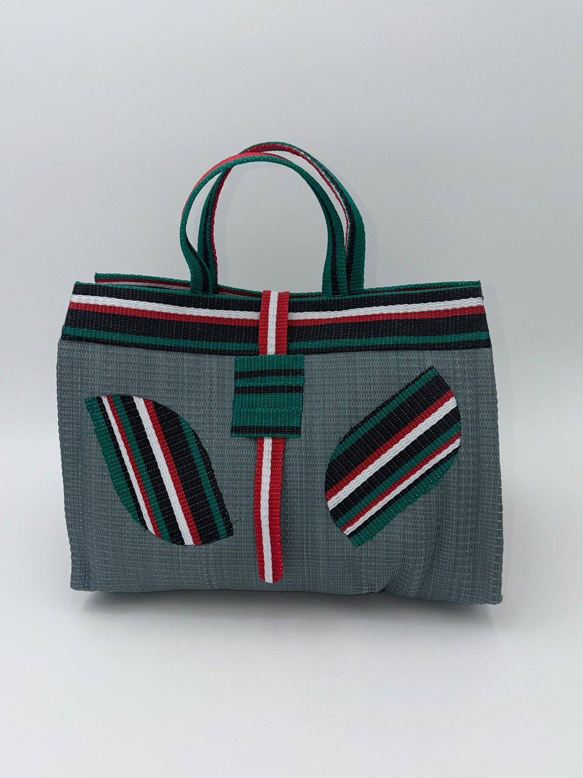 Metallic Large handwoven tote bag by SCRUBIES in Gray,Black,White,Red, with Solid design and Leaf accent pattern