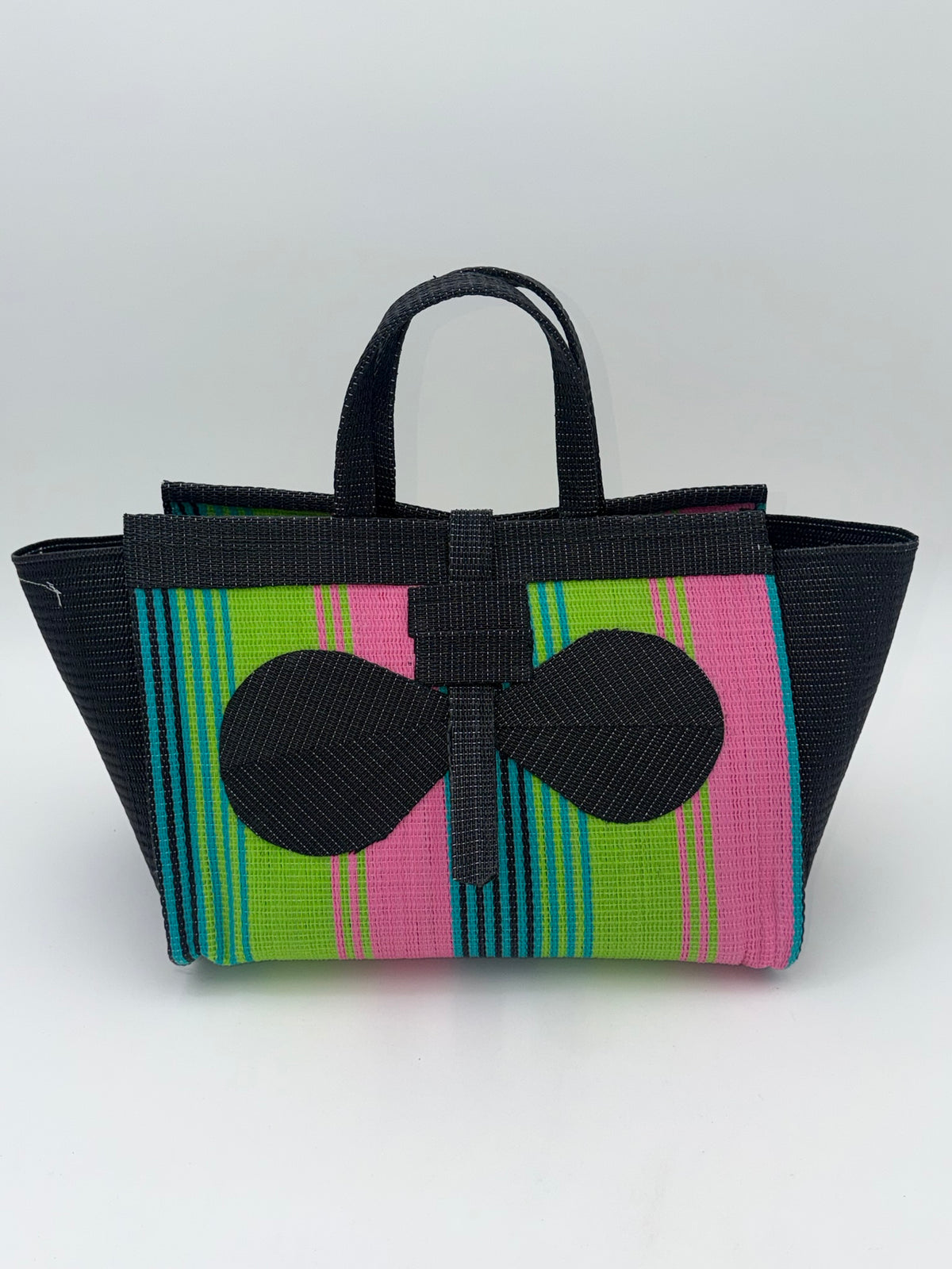 Midnight Large handwoven tote bag by SCRUBIES in Black,Lime,Pink with Stripes design and Bow accent pattern
