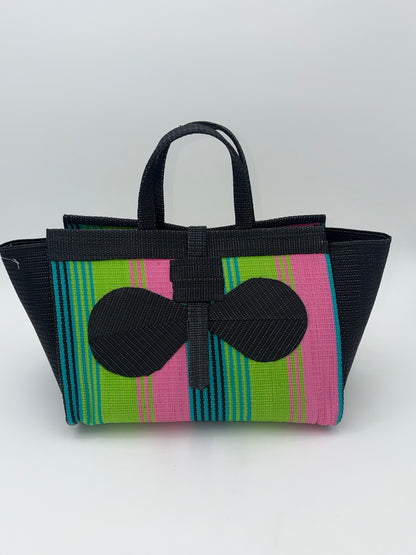 Midnight Large handwoven tote bag by SCRUBIES in Black,Lime,Pink with Stripes design and Bow accent pattern