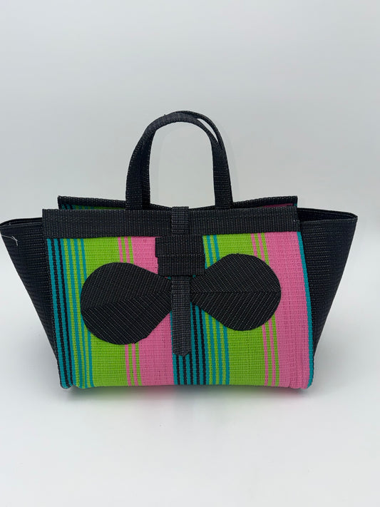 Midnight Large handwoven tote bag by SCRUBIES in Black,Lime,Pink with Stripes design and Bow accent pattern