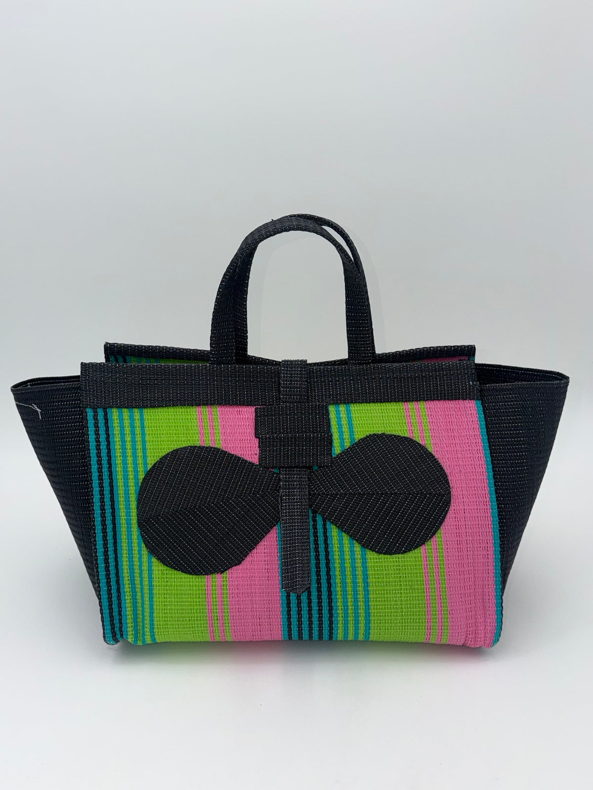 Midnight Large handwoven tote bag by SCRUBIES in Black,Lime,Pink with Stripes design and Bow accent pattern