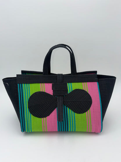 Midnight Large handwoven tote bag by SCRUBIES in Black,Lime,Pink with Stripes design and Bow accent pattern