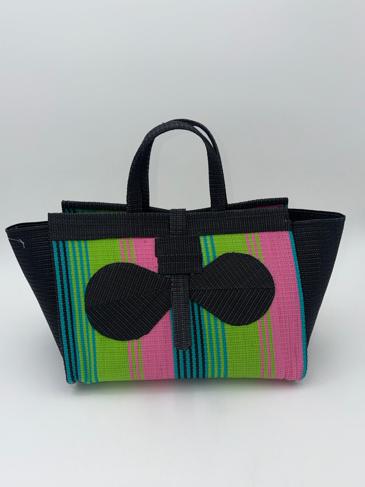 Midnight Large handwoven tote bag by SCRUBIES in Black,Lime,Pink with Stripes design and Bow accent pattern
