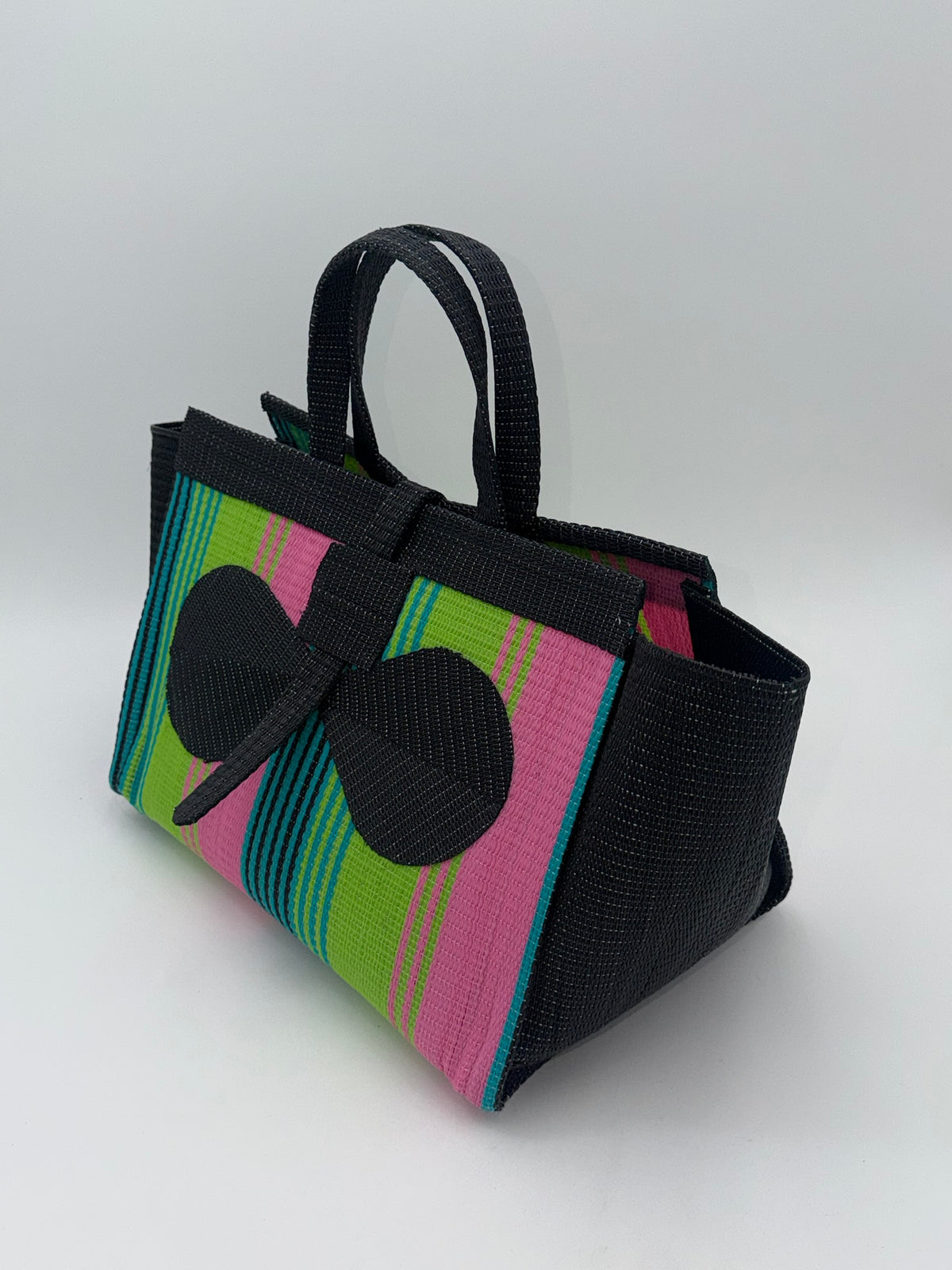 Midnight Large handwoven tote bag by SCRUBIES in Black,Lime,Pink with Stripes design and Bow accent pattern