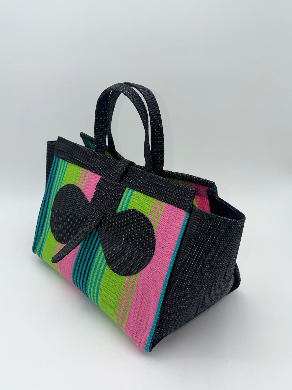 Midnight Large handwoven tote bag by SCRUBIES in Black,Lime,Pink with Stripes design and Bow accent pattern
