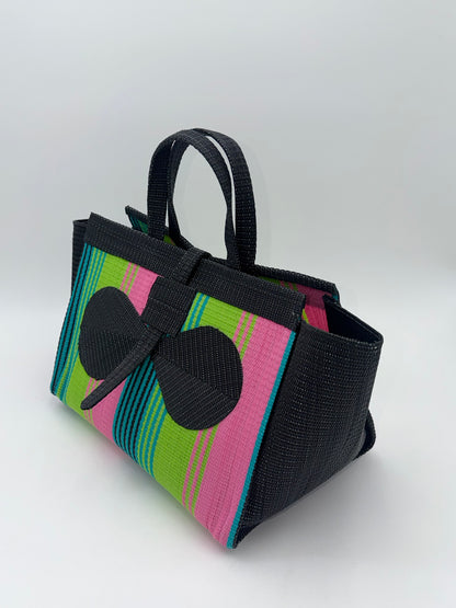 Midnight Large handwoven tote bag by SCRUBIES in Black,Lime,Pink with Stripes design and Bow accent pattern