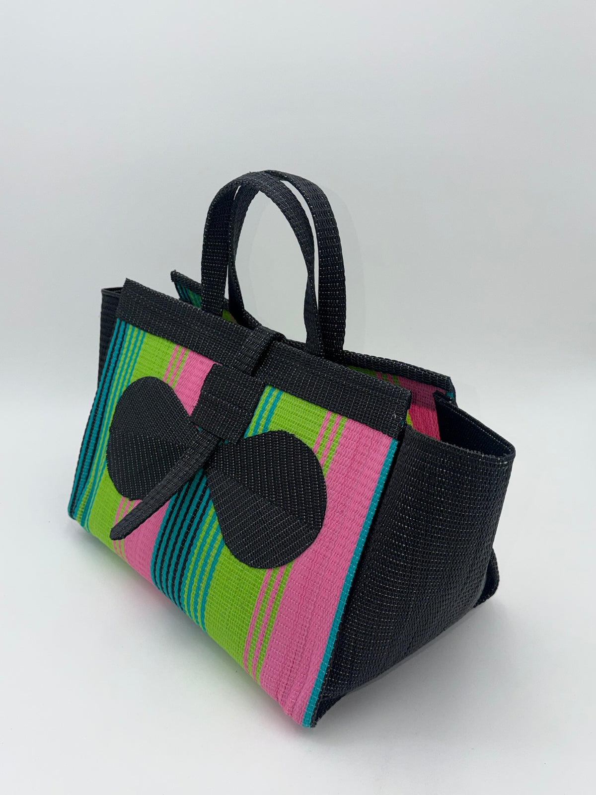 Midnight Large handwoven tote bag by SCRUBIES in Black,Lime,Pink with Stripes design and Bow accent pattern